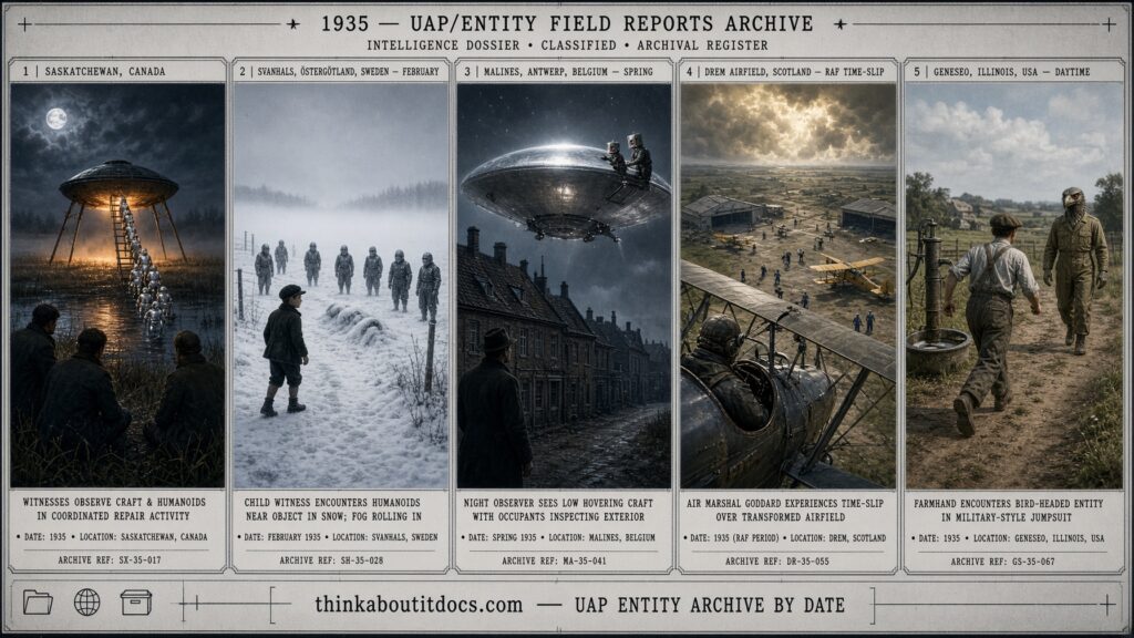 Five-panel collage of 1935 UFO and entity sightings from Nipawin Saskatchewan to Drem Scotland and Geneseo Illinois