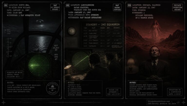 Three-panel dossier collage: the Operation Charlie North Sea radar pursuit, Lincolnshire radar tracking, and William Ferguson's Chicago trance contact, all January 1947
