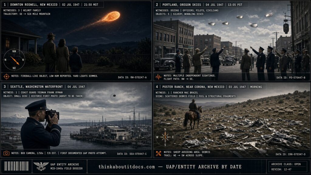 Four-panel dossier collage: the Wilmot family's Roswell fireball, Portland's mass disc sighting, Frank Ryman's first UFO photograph, and Mac Brazel's debris field discovery, early July 1947