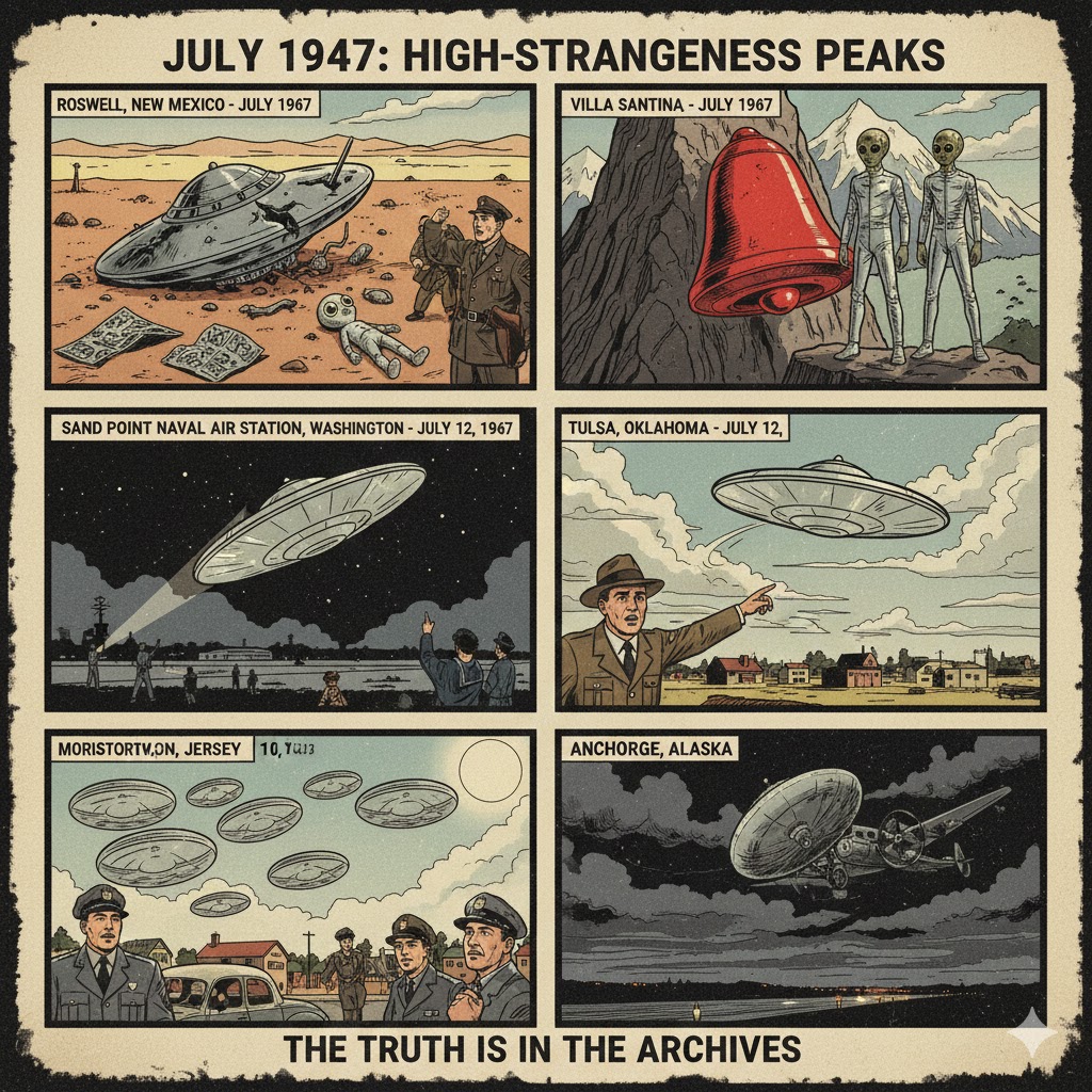 July 1947 UFO Sightings and Alien Encounters Archive Collage