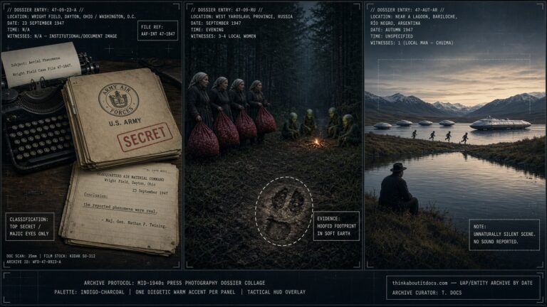 Three-panel dossier collage: the ATIC letter founding Project Sign, the Yaroslavl Russia Dwarfin encounter, and the Bariloche Argentina lagoon sighting, September 1947
