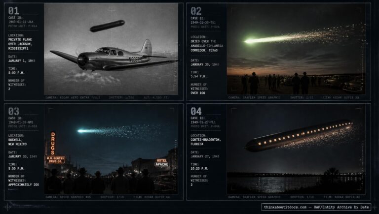 Four-panel dossier collage: the Jackson Mississippi cigar object, the Amarillo-Lamesa green fireball, the Roswell fireball, and the Cortez-Bradenton Florida sighting, all January 1949