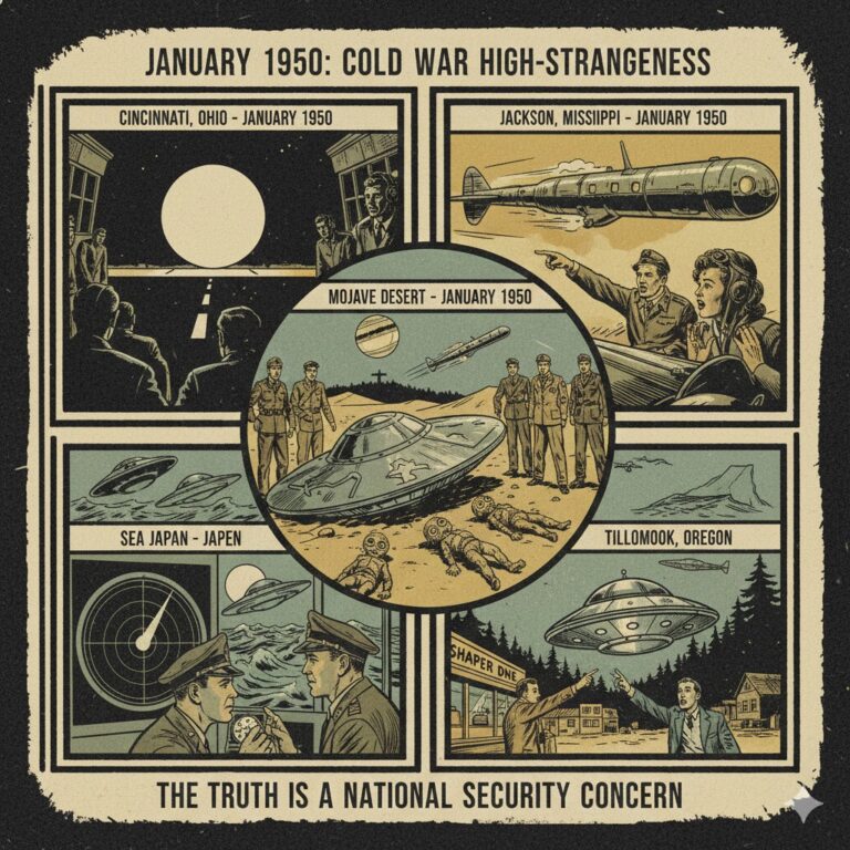 January 1950 UFO Sightings and Alien Encounters Archive Collage