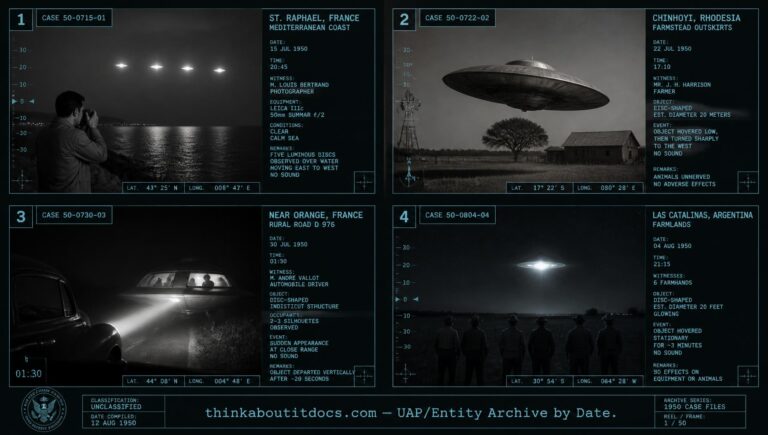 Four-panel collage of undated March 1950 UFO sightings including France, Zimbabwe, and Argentina