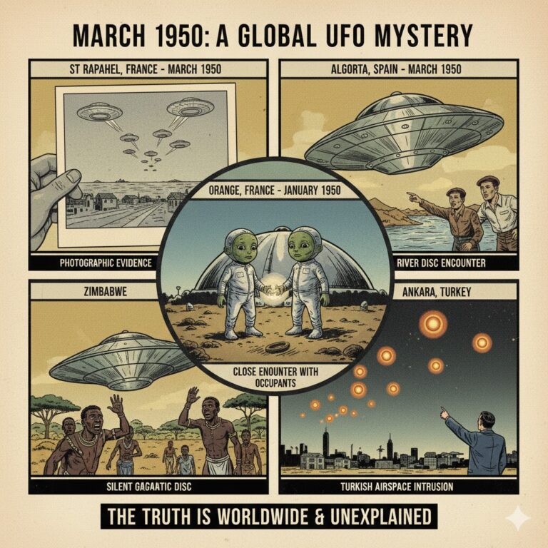 March 1950 Global UFO Sightings and Alien Encounters Archive Collage"