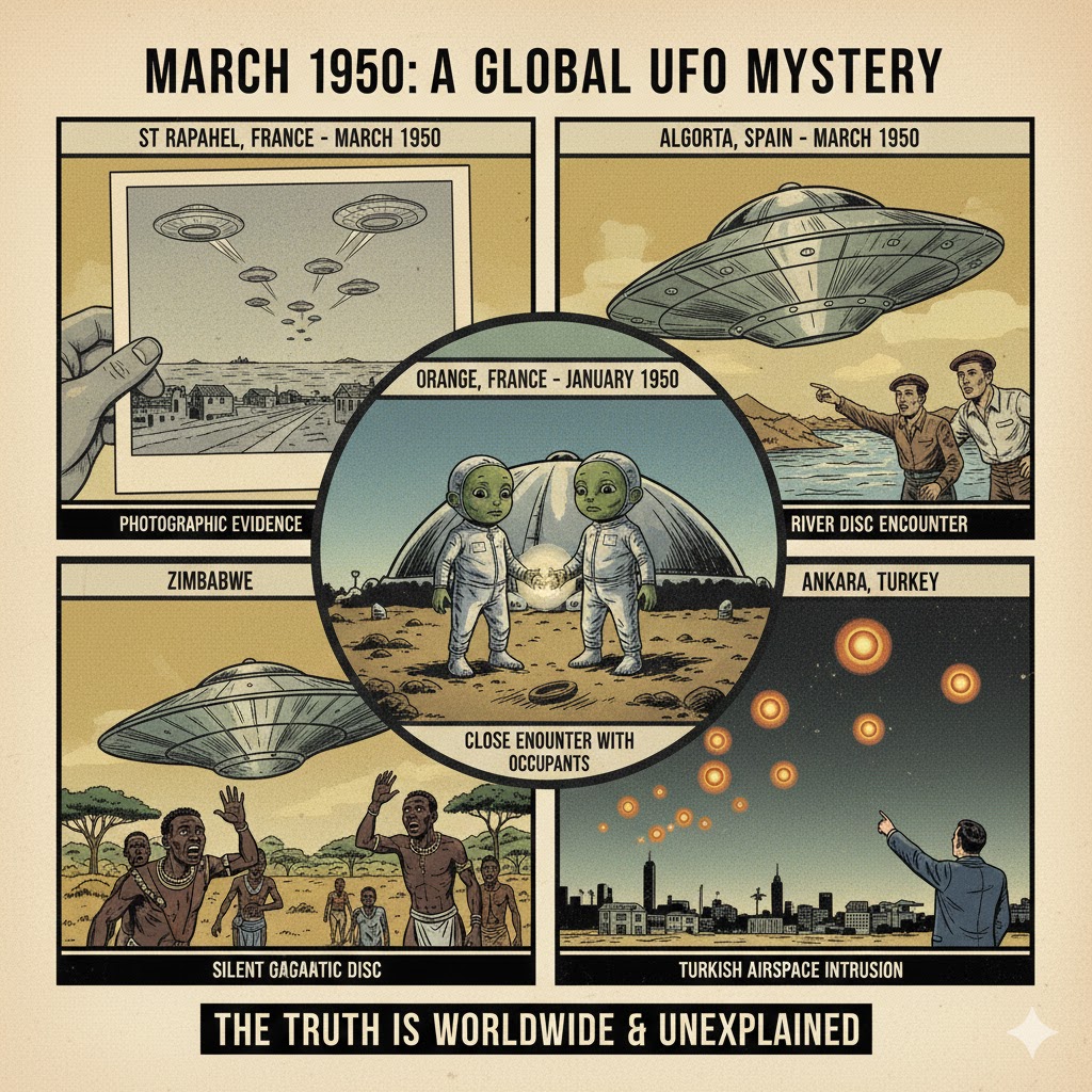 March 1950 Global UFO Sightings and Alien Encounters Archive Collage"