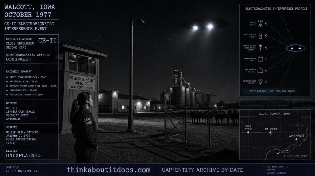 Intelligence-dossier reconstruction of the October 1977 Walcott Iowa CE-II showing a dark oval object with two brilliant headlight-like beams hovering silently over the French and Hecht plant compound while a young security guard stands outside her watchtower and a mercury vapor lamp in the middle distance stands conspicuously dark and cattle in the adjacent field stand frozen