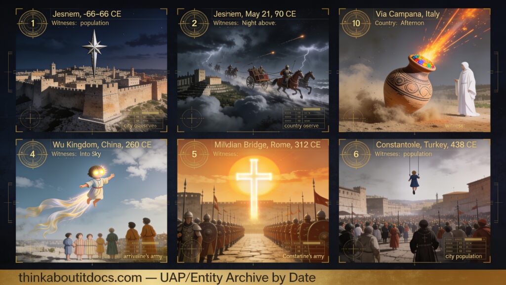 Six-panel dossier collage of Classical Era UFO and entity accounts spanning 66 CE Jerusalem to 438 CE Constantinople