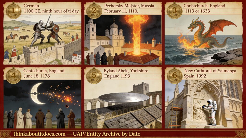 Six-panel dossier collage of 12th-century UFO and entity accounts spanning 1100 CE Germany to 1193 CE Byland Abbey, including an honest depiction of the 1992 Salamanca astronaut carving