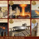 Six-panel dossier collage of 12th-century UFO and entity accounts spanning 1100 CE Germany to 1193 CE Byland Abbey, including an honest depiction of the 1992 Salamanca astronaut carving