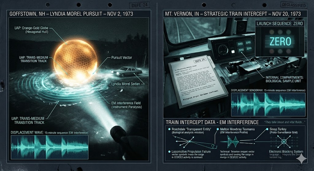 Forensic split-view showing the 1973 Goffstown honeycomb UFO chase and the Mt. Vernon train instrument paralysis.