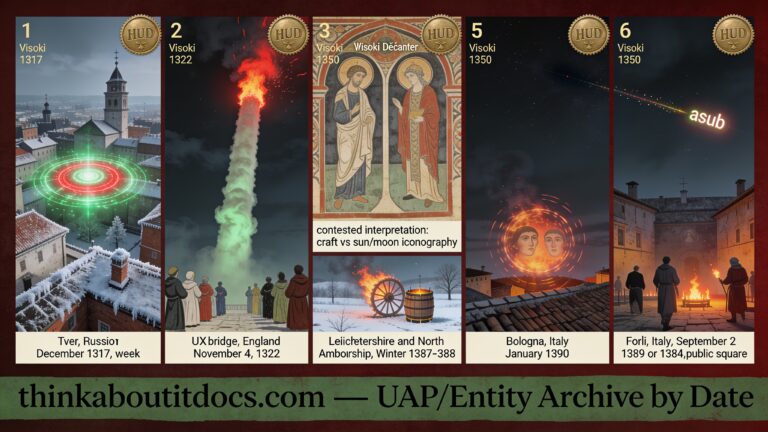 Six-panel dossier collage of 14th-century UFO and entity accounts spanning 1317 CE Tver to 1394 CE Forlì, including the Leicester burning wheel cluster and the Dečani fresco