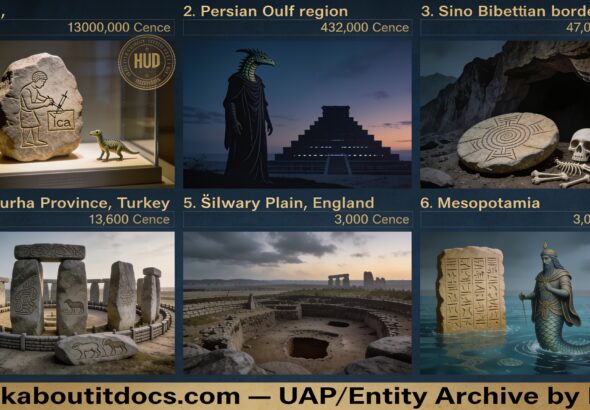 Six-panel dossier collage of deep-history UFO and non-human intelligence evidence spanning 13 million BCE Peru to 3,000 BCE Sumer, including Göbekli Tepe and Stonehenge