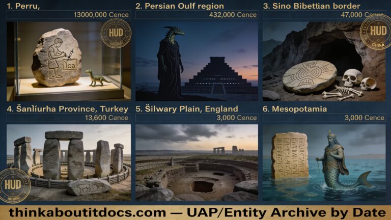 Six-panel dossier collage of deep-history UFO and non-human intelligence evidence spanning 13 million BCE Peru to 3,000 BCE Sumer, including Göbekli Tepe and Stonehenge