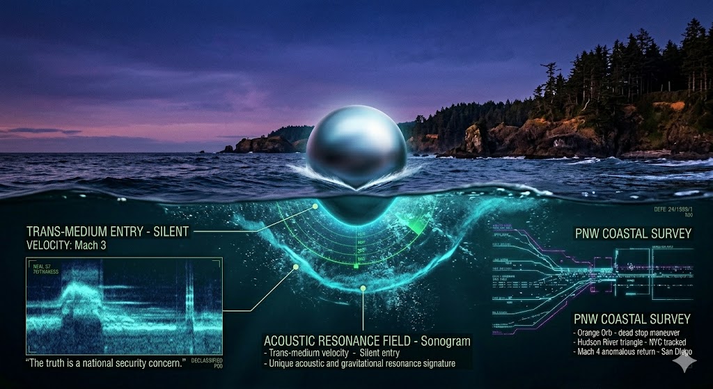 A technical split-view image showing a metallic sphere UAP entering the Pacific Northwest ocean, with integrated sonar and radar data overlays showing Mach 3 velocity.