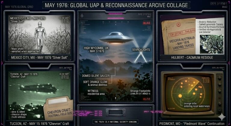 Illustrated collage of May 1976 UFO sightings, including the High Wycombe saucer and the Mexico silver-suit entity.