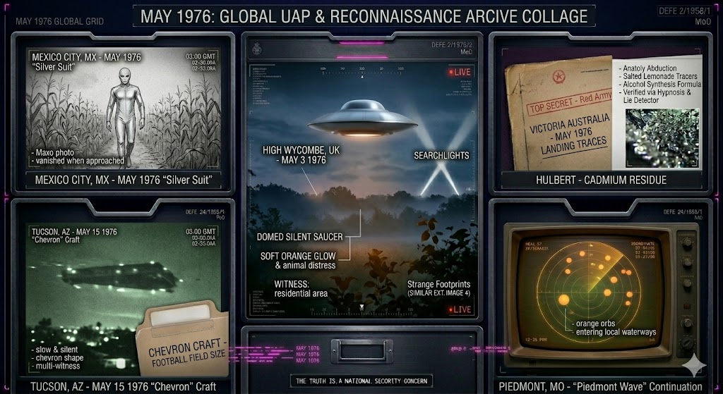 Illustrated collage of May 1976 UFO sightings, including the High Wycombe saucer and the Mexico silver-suit entity.