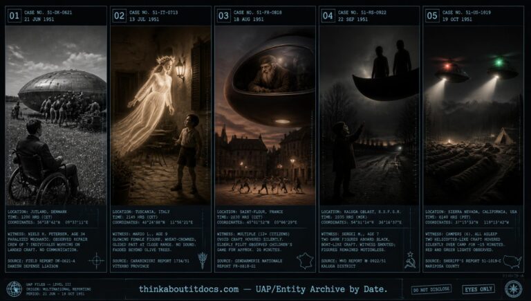 Five-panel collage of June 1951 UFO and entity sightings including Sonderborg Denmark, Siena Italy, and Beausoleil France