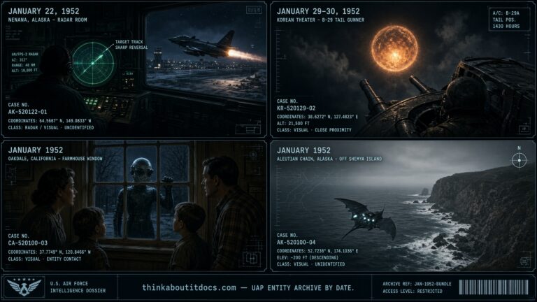 Four-panel collage of January 1952 UFO sightings including Nenana Alaska, Wonsan-Sunchon Korea, and Shemya Island