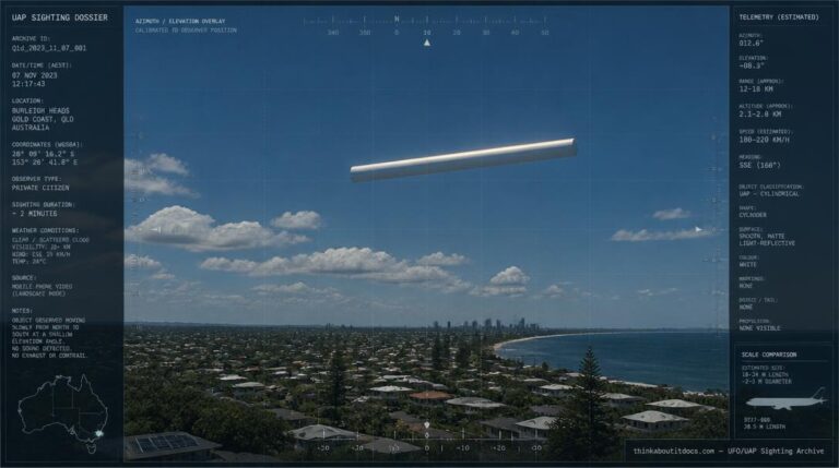 Illustration of the 1970 Sunshine Coast, Queensland UFO sighting showing a large wingless white cylindrical object in a clear midday sky