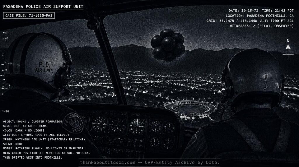 Dossier-style illustration of the 1972 Pasadena police helicopter UFO encounter showing a dark, lightless, rotating balloon-like object paced alongside the aircraft at night