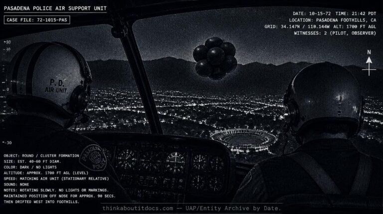 Dossier-style illustration of the 1972 Pasadena police helicopter UFO encounter showing a dark, lightless, rotating balloon-like object paced alongside the aircraft at night