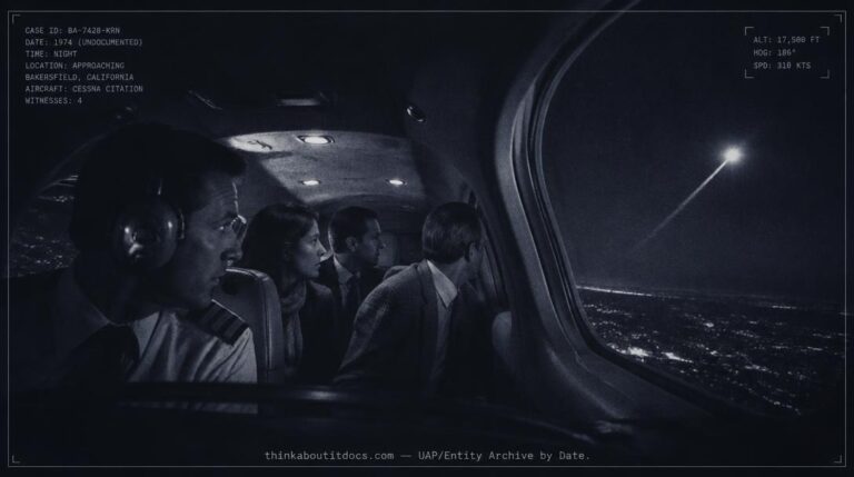 Dossier-style illustration of the 1974 Reagan Cessna UFO sighting showing passengers looking back through an aircraft window at a bright white light climbing sharply into the night sky
