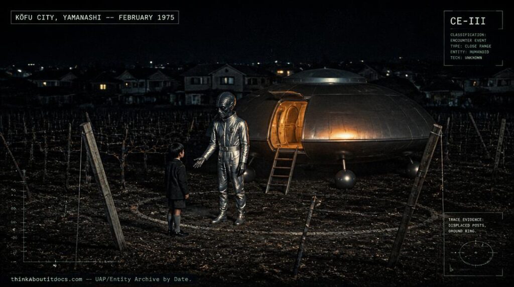 Illustration of the domed silver disc and fanged humanoid entity reported in a vineyard near the Hinode Housing Estate, Kōfu City, Japan in February 1975