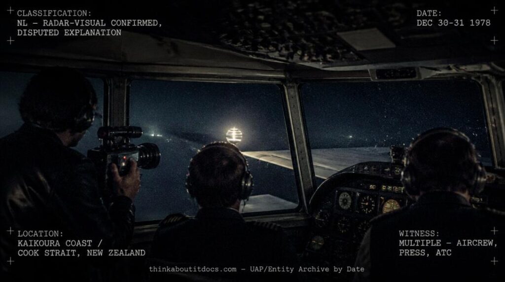 A bright, spinning, sphere-shaped light paces an Argosy cargo aircraft over the Cook Strait, New Zealand at night, December 1978