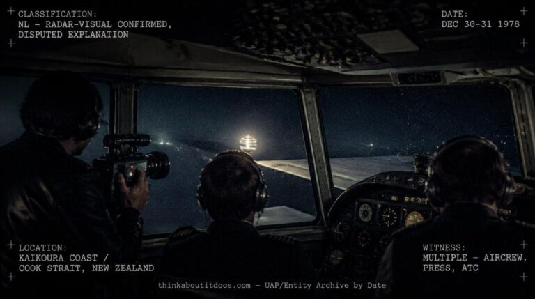 A bright, spinning, sphere-shaped light paces an Argosy cargo aircraft over the Cook Strait, New Zealand at night, December 1978