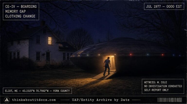 Dossier-style reconstruction of the July 1977 Eliot Maine saucer landing showing a thirty-foot dark gray disc on the ground behind a white New England farmhouse with a doorway and ramp spilling warm yellowish light and a male silhouette mid-stride on the ramp with multi-colored rim lights and HUD classification stamps