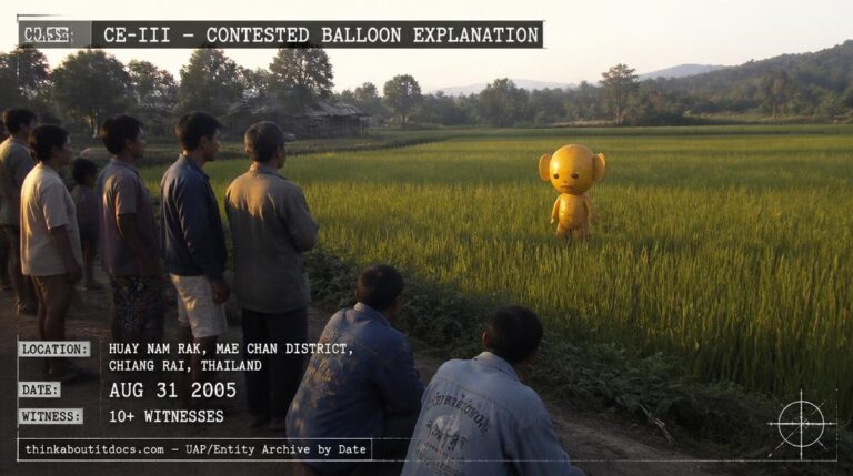 A small yellow-skinned humanoid figure with large ears and no arms standing in a rice field in Chiang Rai, Thailand, August 2005
