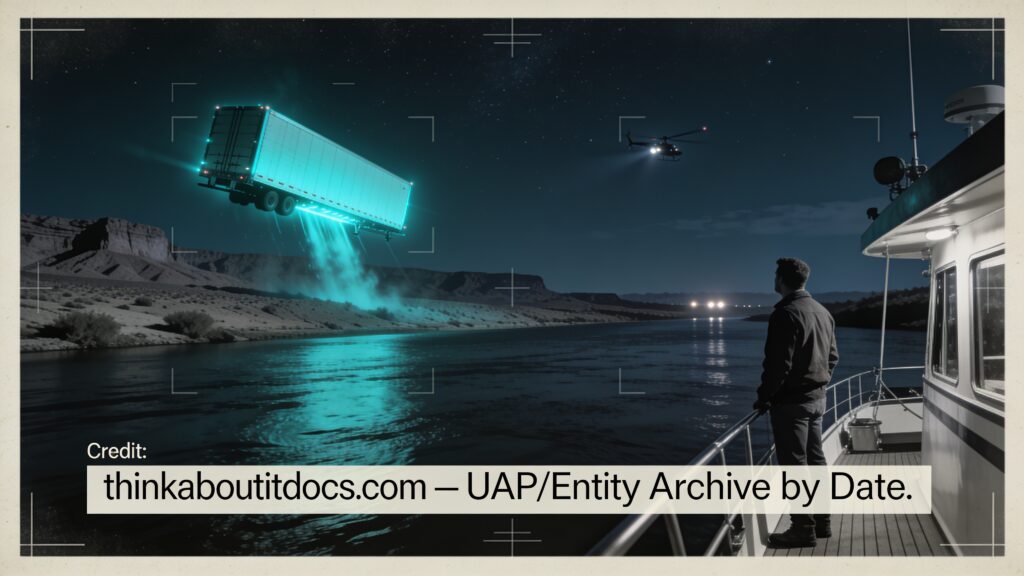 Dossier-style illustration of the 2008 Needles, California UFO crash showing a houseboat witness watching a turquoise-glowing object descend over the Colorado River at night with helicopters approaching
