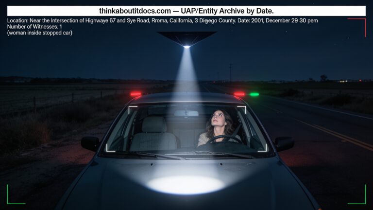 Dossier-style illustration of the 2011 Ramona, California sighting showing a woman in a parked car as a dark triangular object with a spotlight passes overhead at night