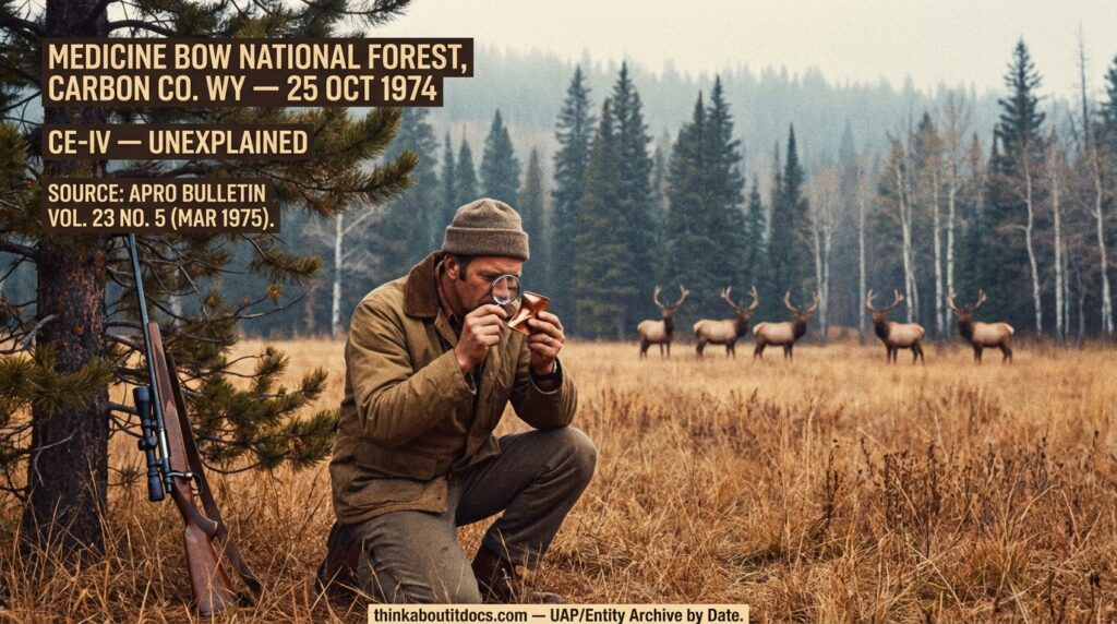Dossier-style Kodachrome reconstruction of Carl Higdon kneeling in late-October Medicine Bow National Forest Wyoming examining a mangled copper 7mm bullet jacket at eye level with five frozen motionless bull elk at the distant tree line October 1974