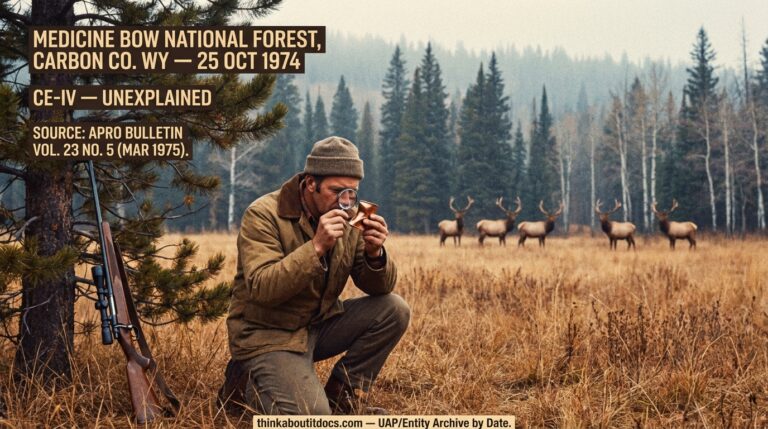 Dossier-style Kodachrome reconstruction of Carl Higdon kneeling in late-October Medicine Bow National Forest Wyoming examining a mangled copper 7mm bullet jacket at eye level with five frozen motionless bull elk at the distant tree line October 1974