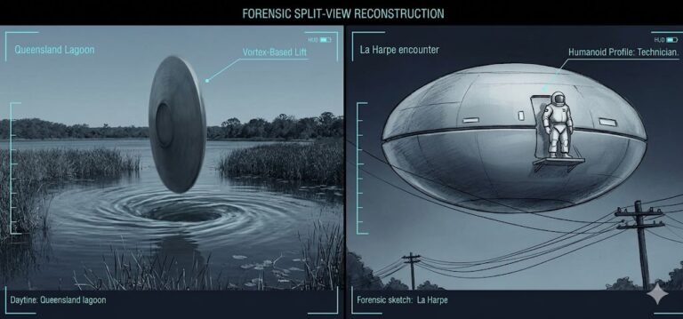 A forensic split-view reconstruction of two 1966 UFO sightings. Left: A 25-foot grey disc rising from a Queensland lagoon creating a water vortex. Right: A clinical sketch of an egg-shaped craft hovering over telephone lines in La Harpe, Illinois, with a humanoid in a white suit standing on a hull platform.