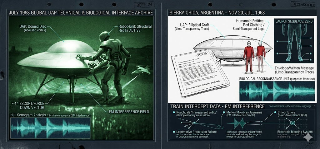 Forensic split-view showing the 1968 Grodner Pass robot technician and the Sierra Chica transparent-legged humanoid encounter.
