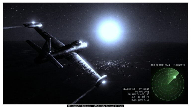 Dossier-style illustration of an F-84 Thunderjet pursuing a brilliant bluish-white UFO over Rapid City, South Dakota, August 5, 1953, with radar scope inset showing the confirmed target at 16,000 feet.