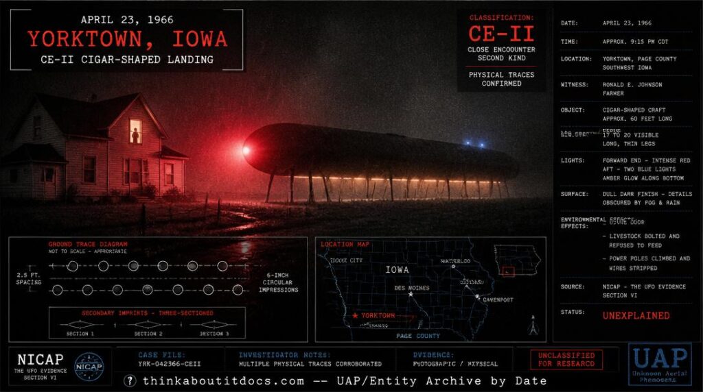 Intelligence-dossier reconstruction of the April 23 1966 Yorktown Iowa CE-II showing a 60-foot cigar-shaped craft with a blood-red glow at one end and blue lights at the other sitting on multiple long legs in a foggy Iowa farm field 50 feet from a white farmhouse while a farmer watches from an upstairs window