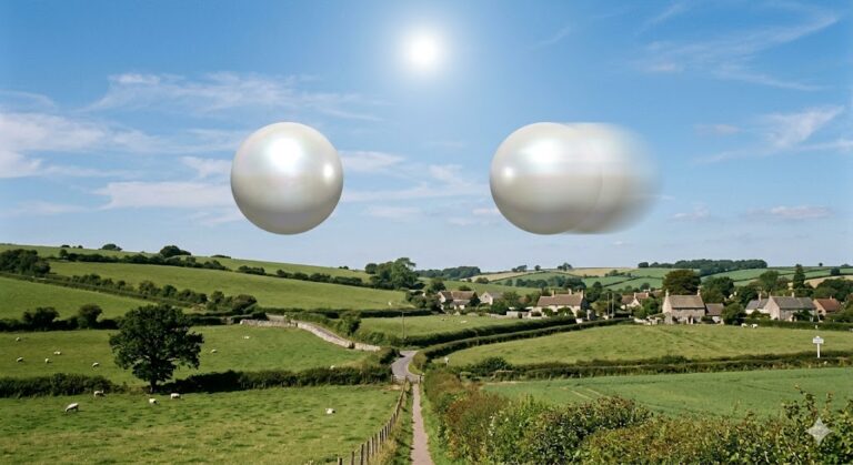 Illustration of luminous pearlescent white spherical UFOs in a clear blue sky over Foxham, Wiltshire.