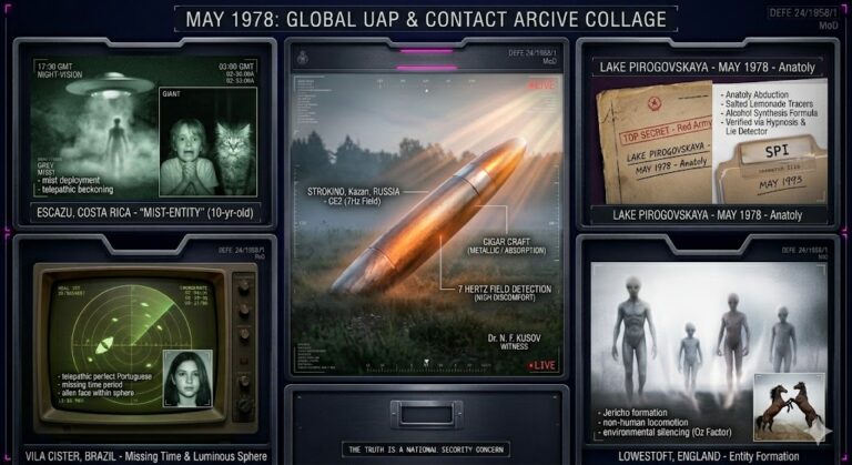 Illustrated collage of May 1978 UFO sightings, including the Strokino cigar and the Red Army abduction.