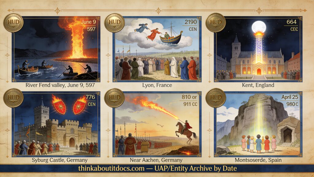 Six-panel dossier collage of Early Medieval UFO and entity accounts spanning 597 CE Ireland to 880 CE Spain, including the Magonia sky-ships of Lyon