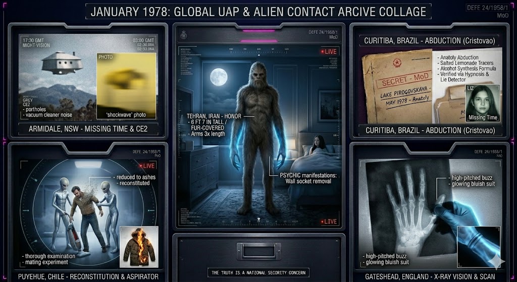 Illustrated collage of January 1978 UFO sightings, including the Tehran fur-covered entity and the Australian porthole craft.