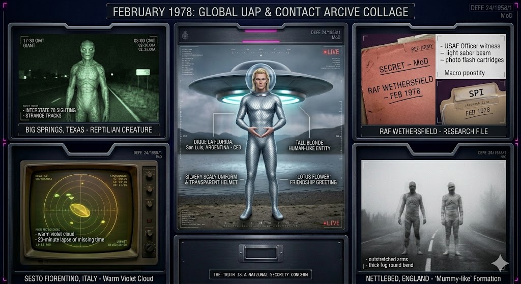 Illustrated collage of February 1978 UFO sightings, featuring the San Luis humanoid and the Medinaceli craft.