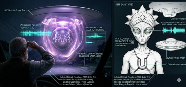Forensic split-view showing the 1972 Tres Arroyos spinning disc encounter and the detailed 'Ohnesto' entity from Puerto Rico.