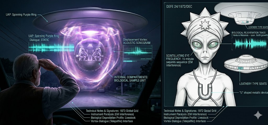 Forensic split-view showing the 1972 Tres Arroyos spinning disc encounter and the detailed 'Ohnesto' entity from Puerto Rico.