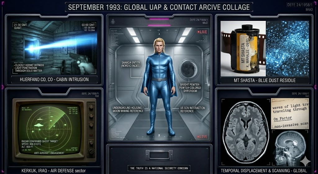 Illustrated collage of September 1993 UFO sightings, featuring the Sanada contact and military UAP engagement in Iraq.