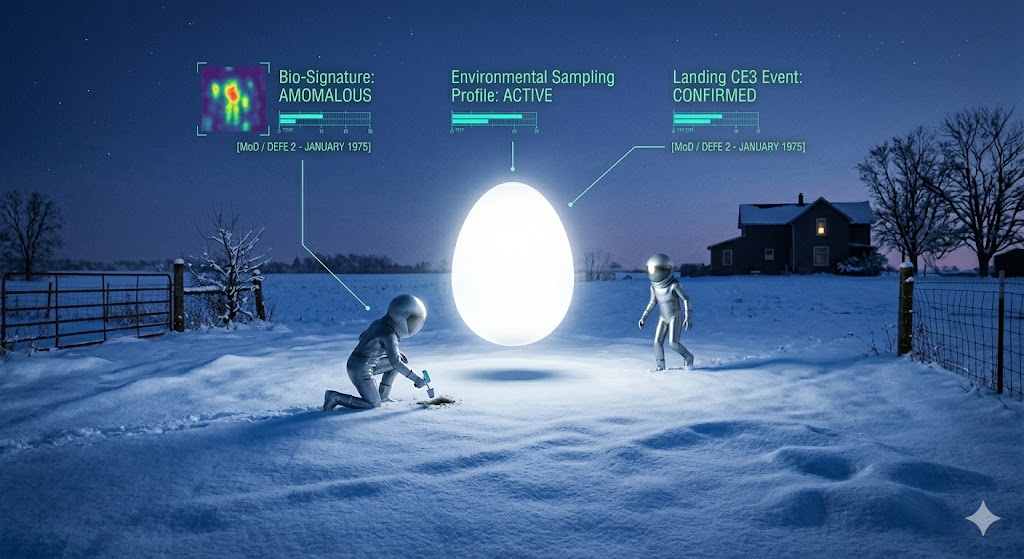 An environmental reconstruction of the January 1975 Circleville, Ohio UFO landing and occupant sighting in a snowy field.