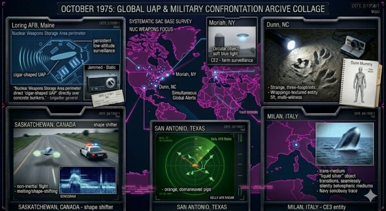 A technical data map and archive collage of October 1975 UFO sightings, featuring the Loring AFB nuclear facility incursion, the Dunn NC mummy entity, and the Milan liquid silver trans-medium craft.